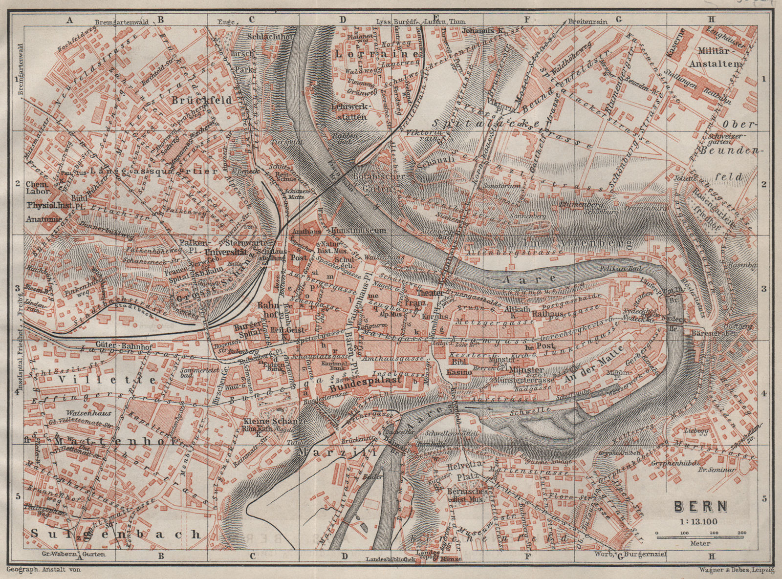 BERN BERNE. town city stadtplan. Switzerland Suisse Schweiz. BAEDEKER 1909 map